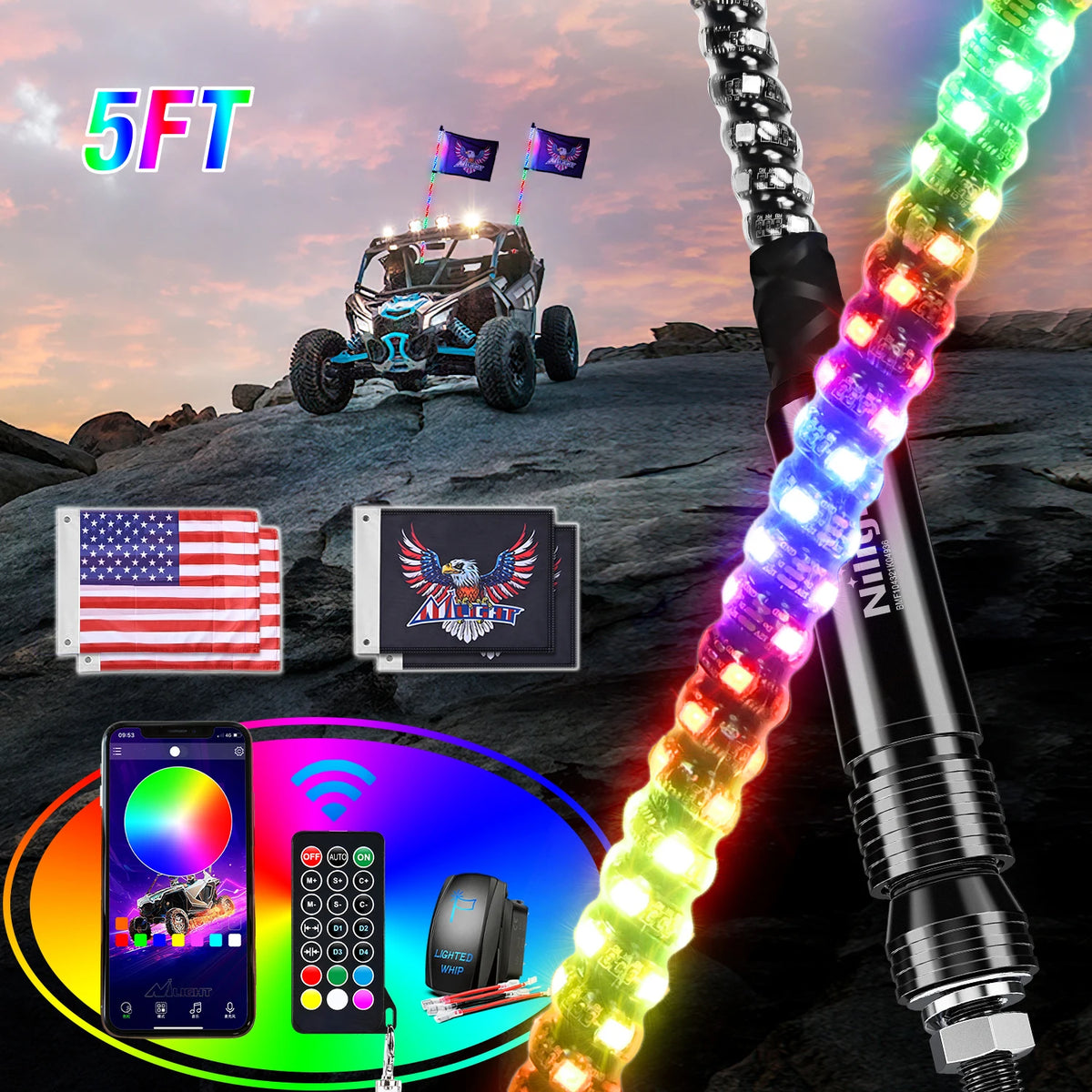 Nilight 3-6FT RGB LED Whip Light, Spiral Neon Flagpole Lights With Remote Control Color Changing Lights for ATV UTV Buggy 2PCS