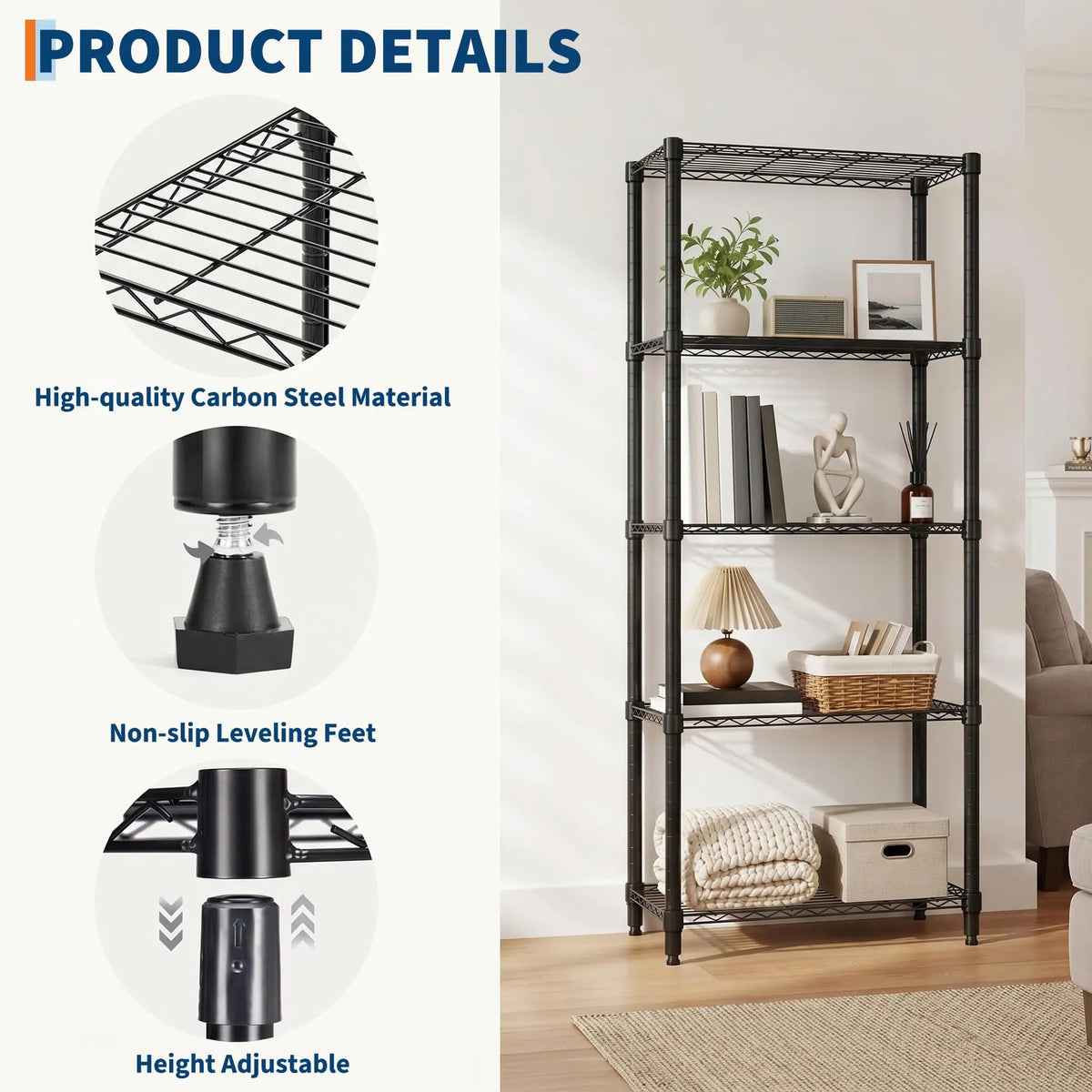 2-Pack 4-Tier Steel Garage Storage Shelves 29.5" W x 13.8" D x 72" H Black Adjustable Wire Shelving Units Freestanding Carbon Steel Storage Rack Heavy-Duty Organizer for Closet, Laundry, Bathroom, Living Room