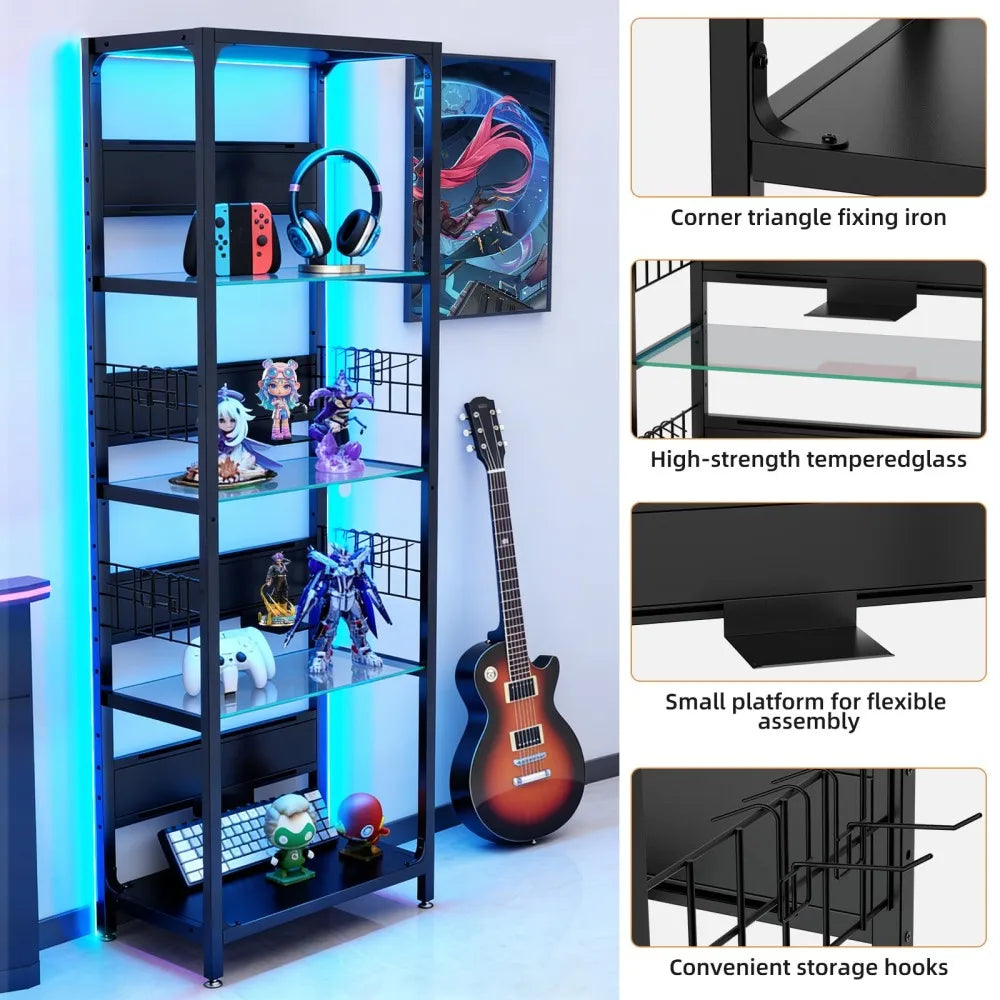 RGB Lighted Glass Display Cabinet With Adjustable Storage Shelves