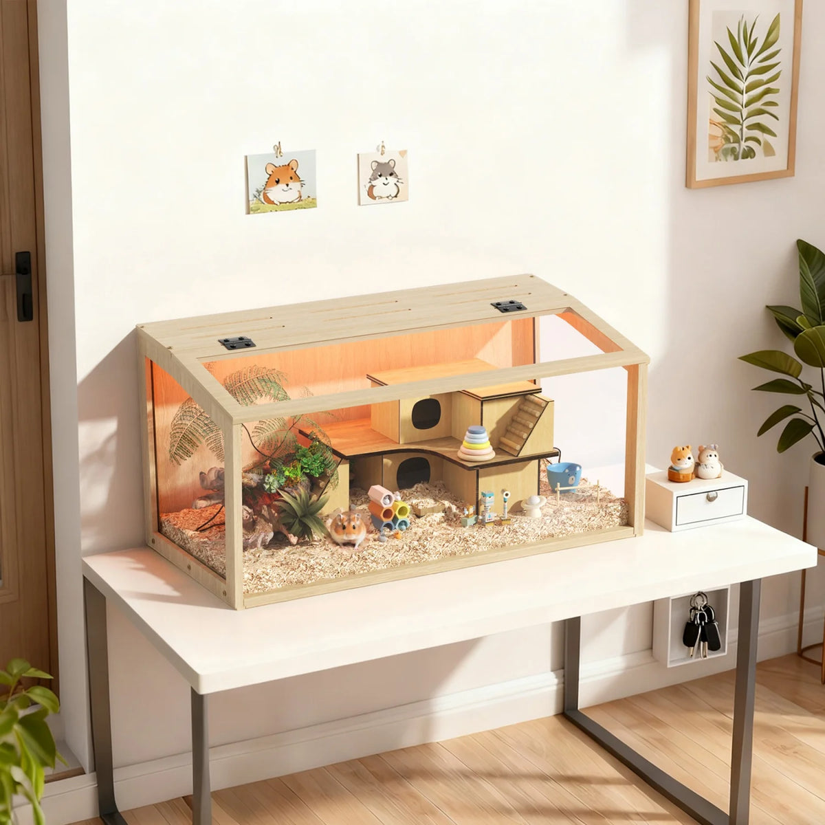 Chewproof Wooden Hamster Cage With Glass Panels And LED Light