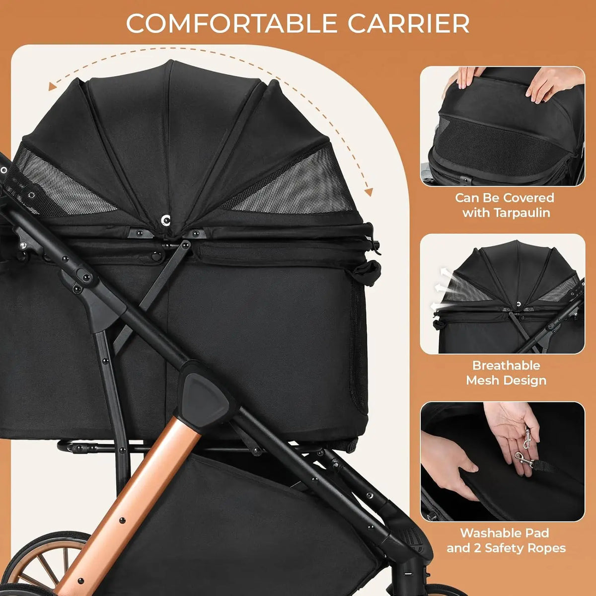 Foldable Pet Stroller With Sun Shade For Medium Dogs