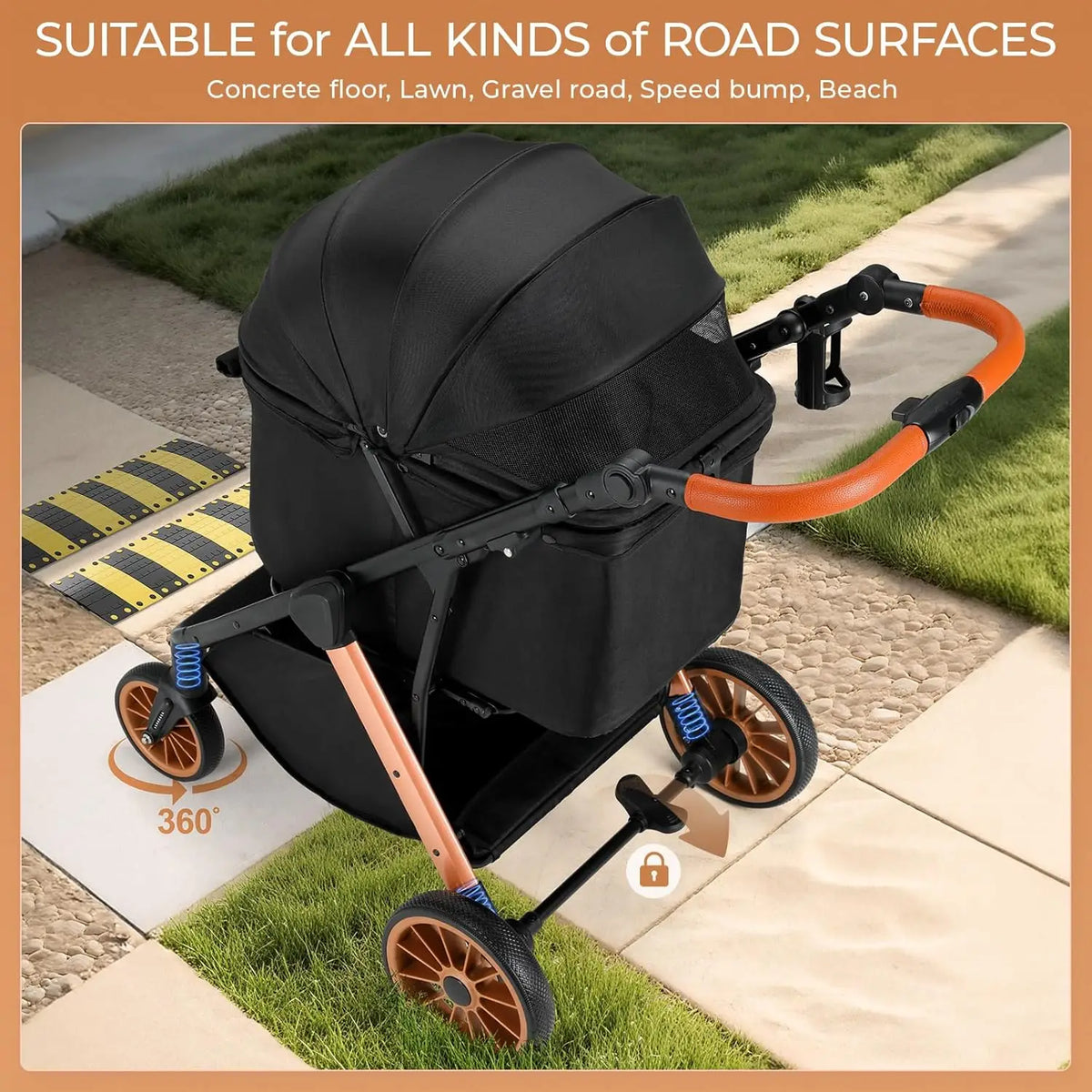 Foldable Pet Stroller With Sun Shade For Medium Dogs
