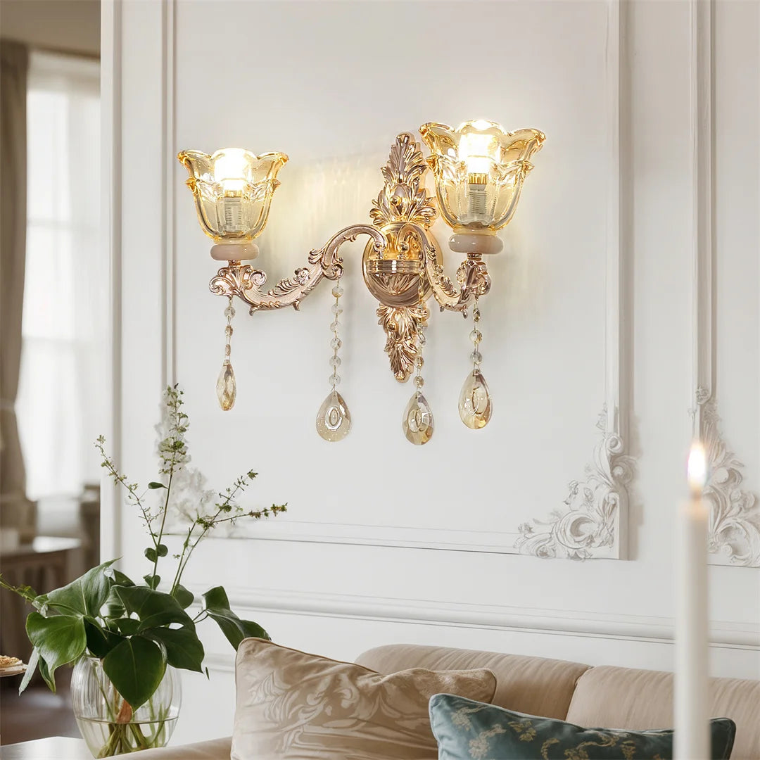 Vrygle Gold Crystal Glass Wall Sconce Flower Lampshade Lighting
