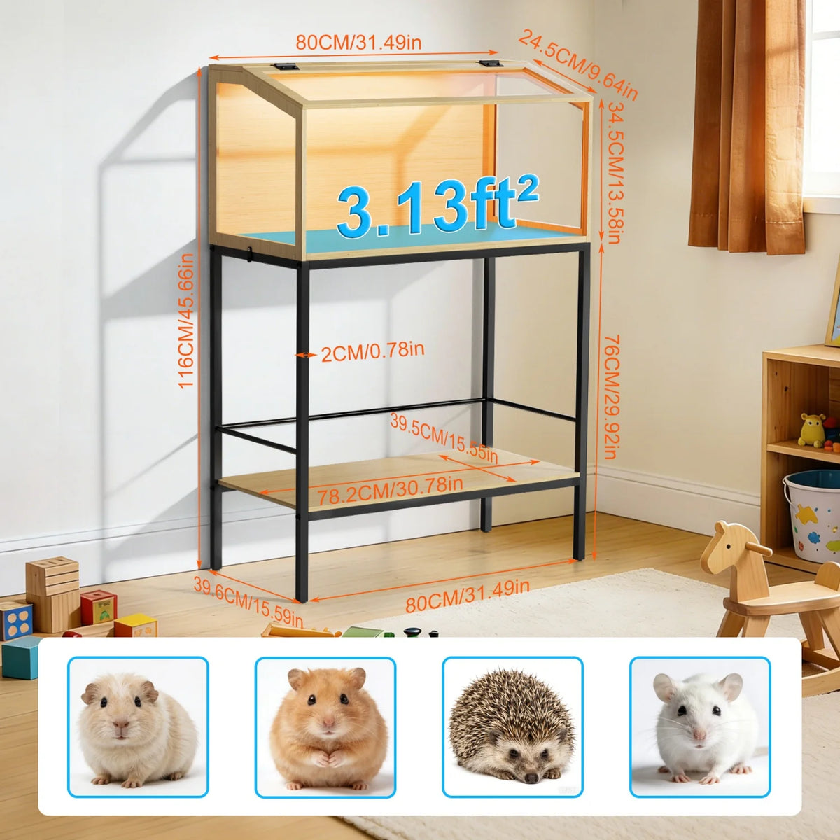 Chewproof Wooden Hamster Cage With Glass Panels And LED Light