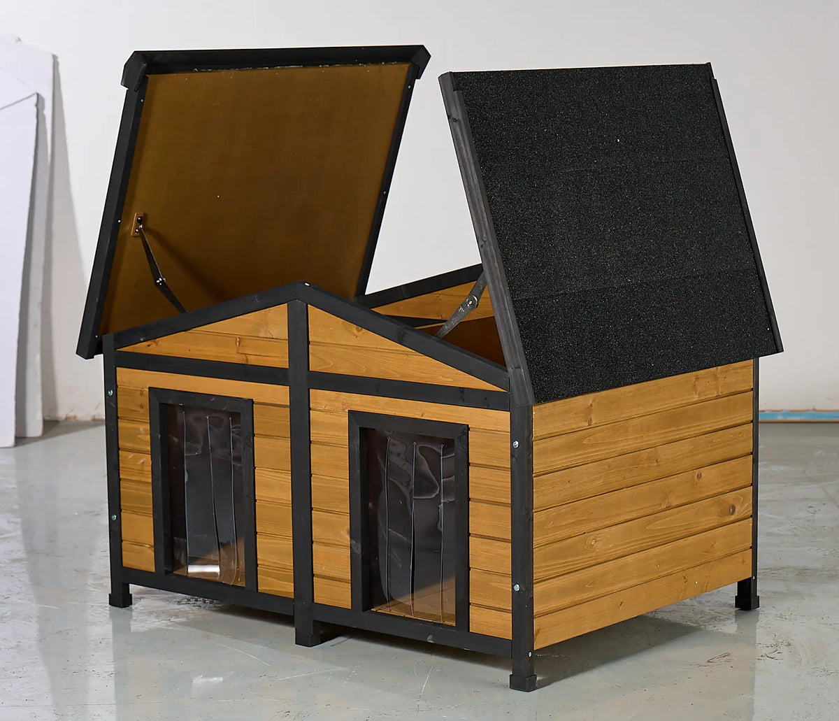 Natural Wood Double Door Dog House Outdoor Waterproof Pet Kennel