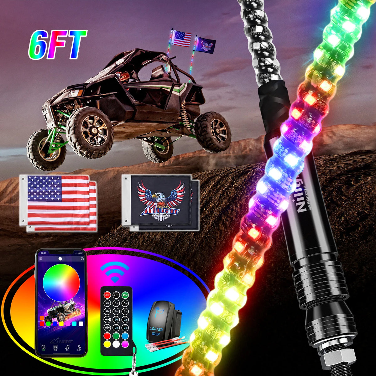 Nilight 3-6FT RGB LED Whip Light, Spiral Neon Flagpole Lights With Remote Control Color Changing Lights for ATV UTV Buggy 2PCS