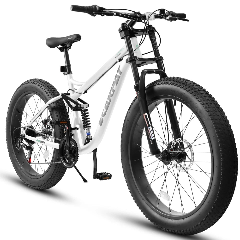 26 Inch Full Suspension Fat Tire Mountain Bike for Men, 21 Speed Smooth Drivetrain System, Front & Rear Dual Disc Brakes, 26*4.0 Inch Anti-Slip Wide Tire, All Terrain Off-Road MTB Bicycle