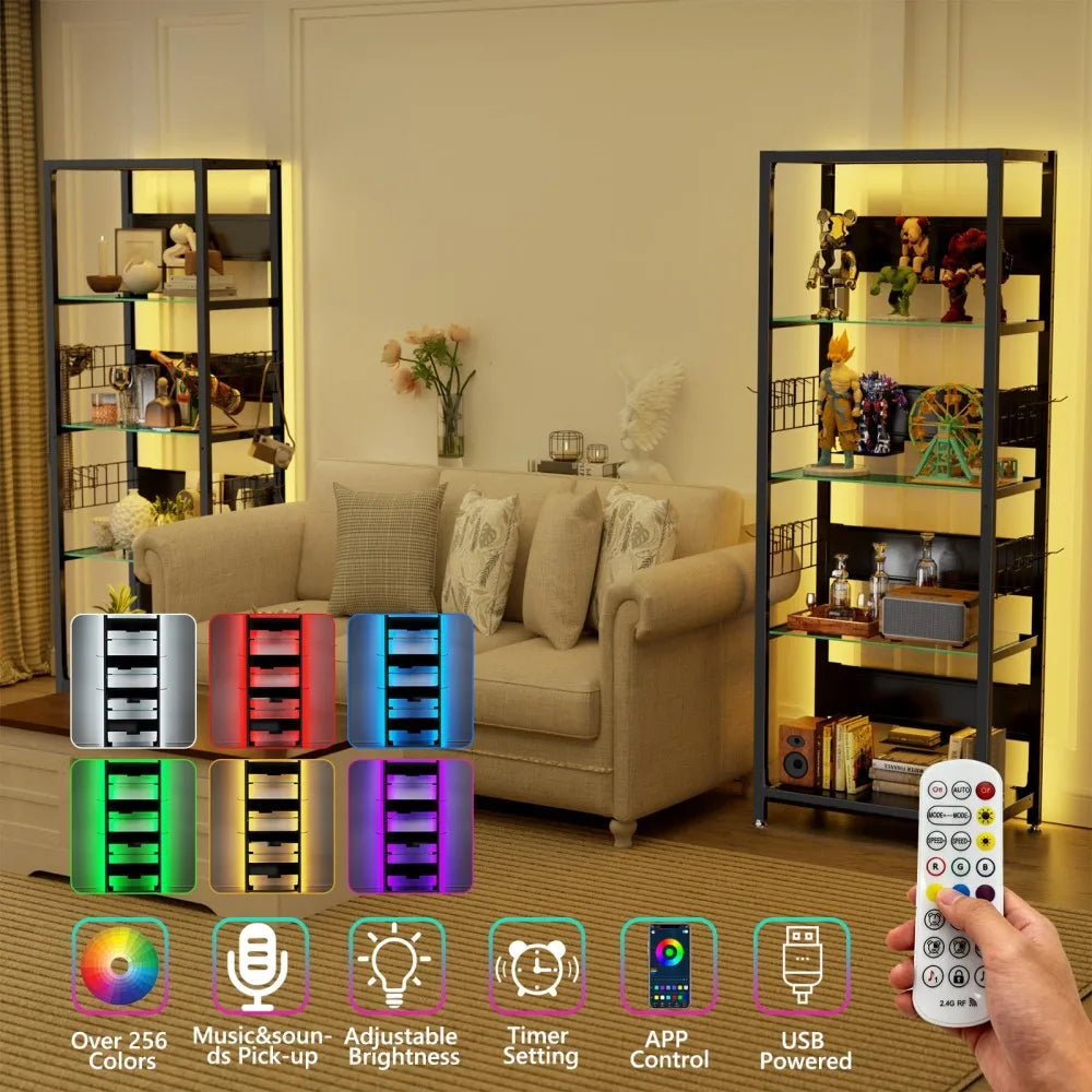 RGB Lighted Glass Display Cabinet With Adjustable Storage Shelves