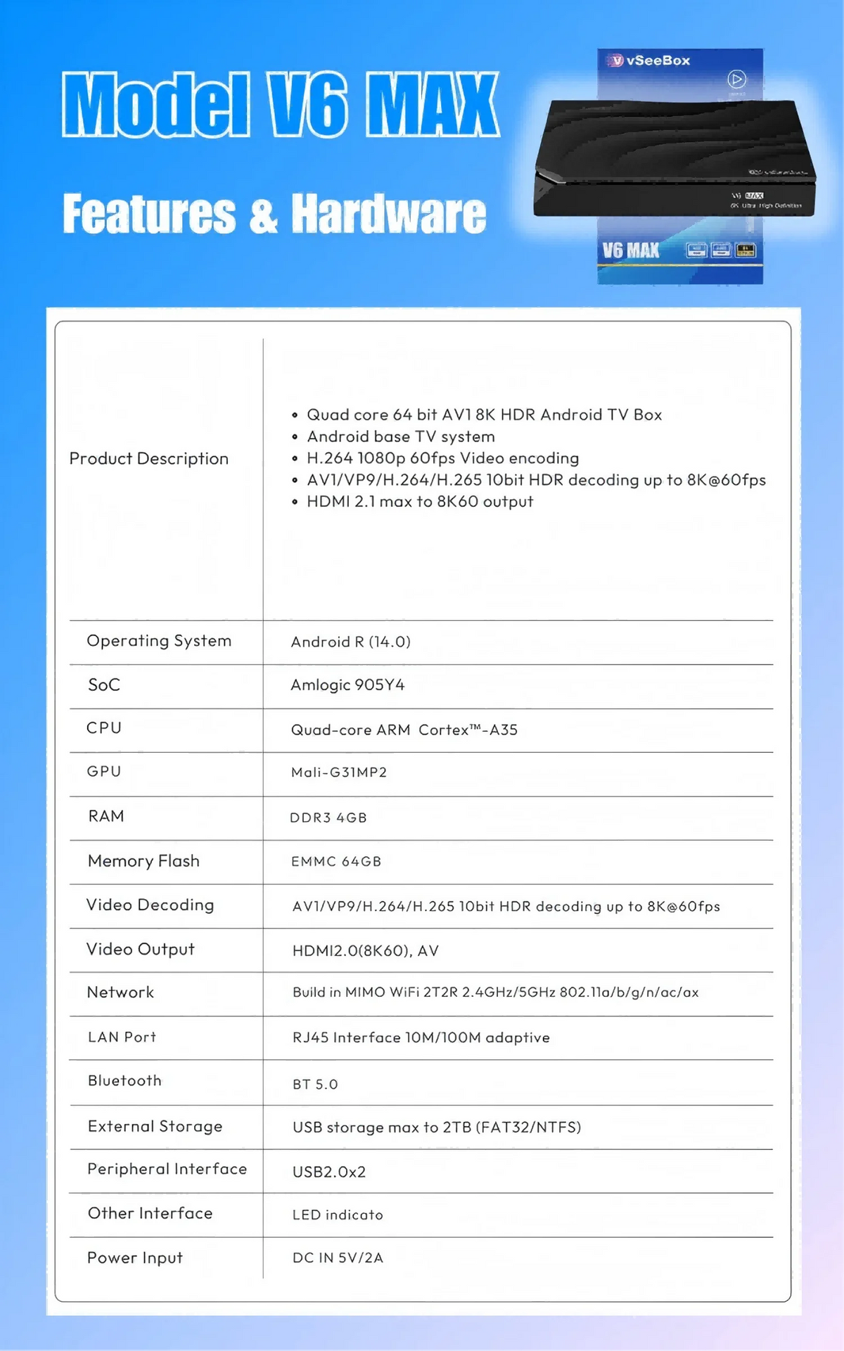 vSeeBox V6 Max 2026 Newest Version, Android 14, 4GB RAM 64GB Storage, Voice Control, WiFi 6, Parental Control, 8K HDMI, Complete Kit with Remote, HDMI Cable, Power Adapter & Setup Guide