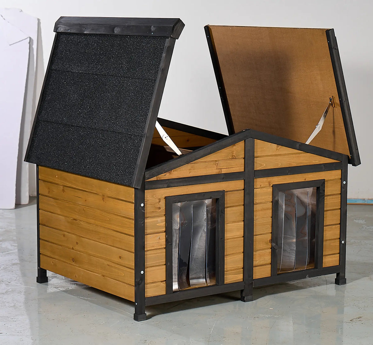 Natural Wood Double Door Dog House Outdoor Waterproof Pet Kennel