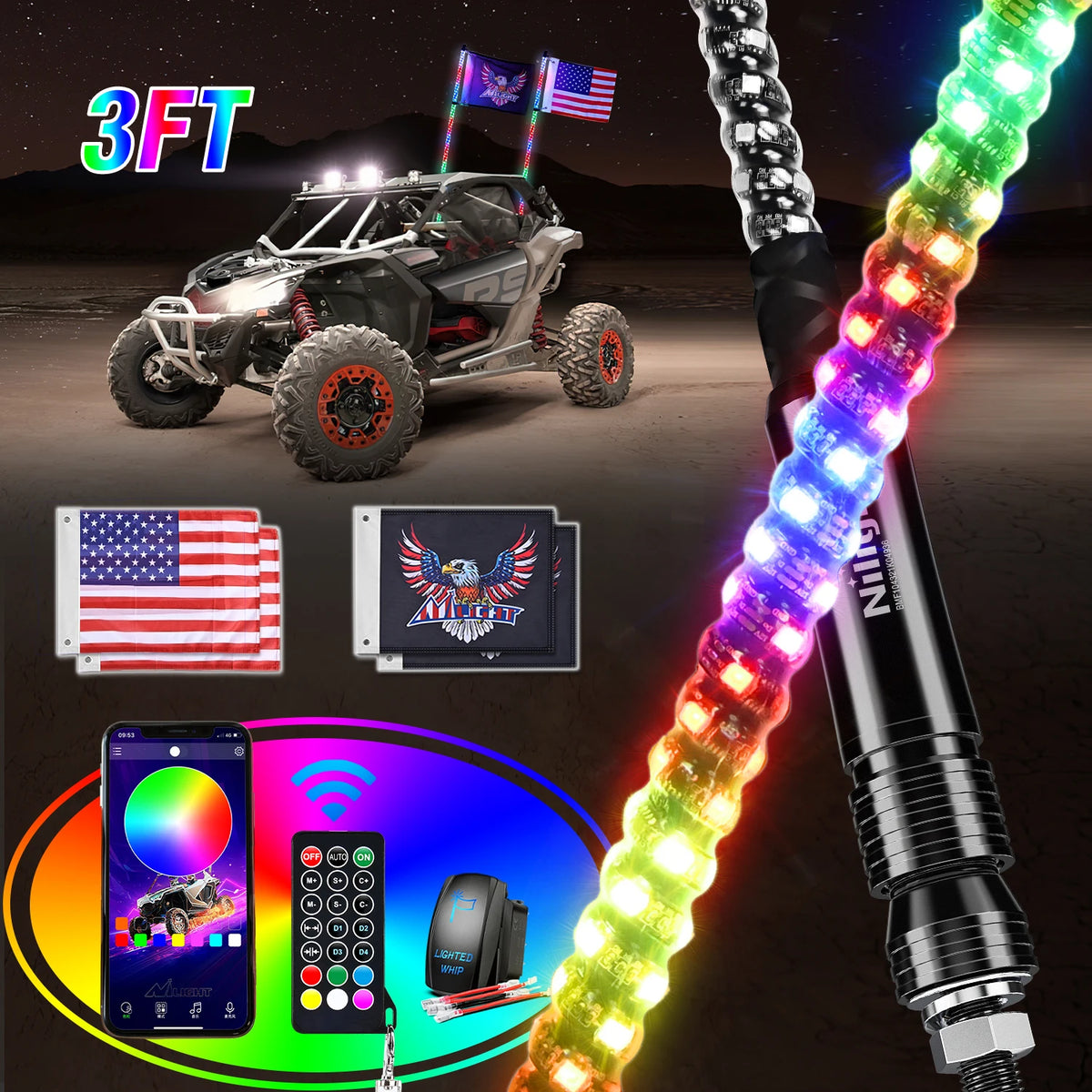 Nilight 3-6FT RGB LED Whip Light, Spiral Neon Flagpole Lights With Remote Control Color Changing Lights for ATV UTV Buggy 2PCS
