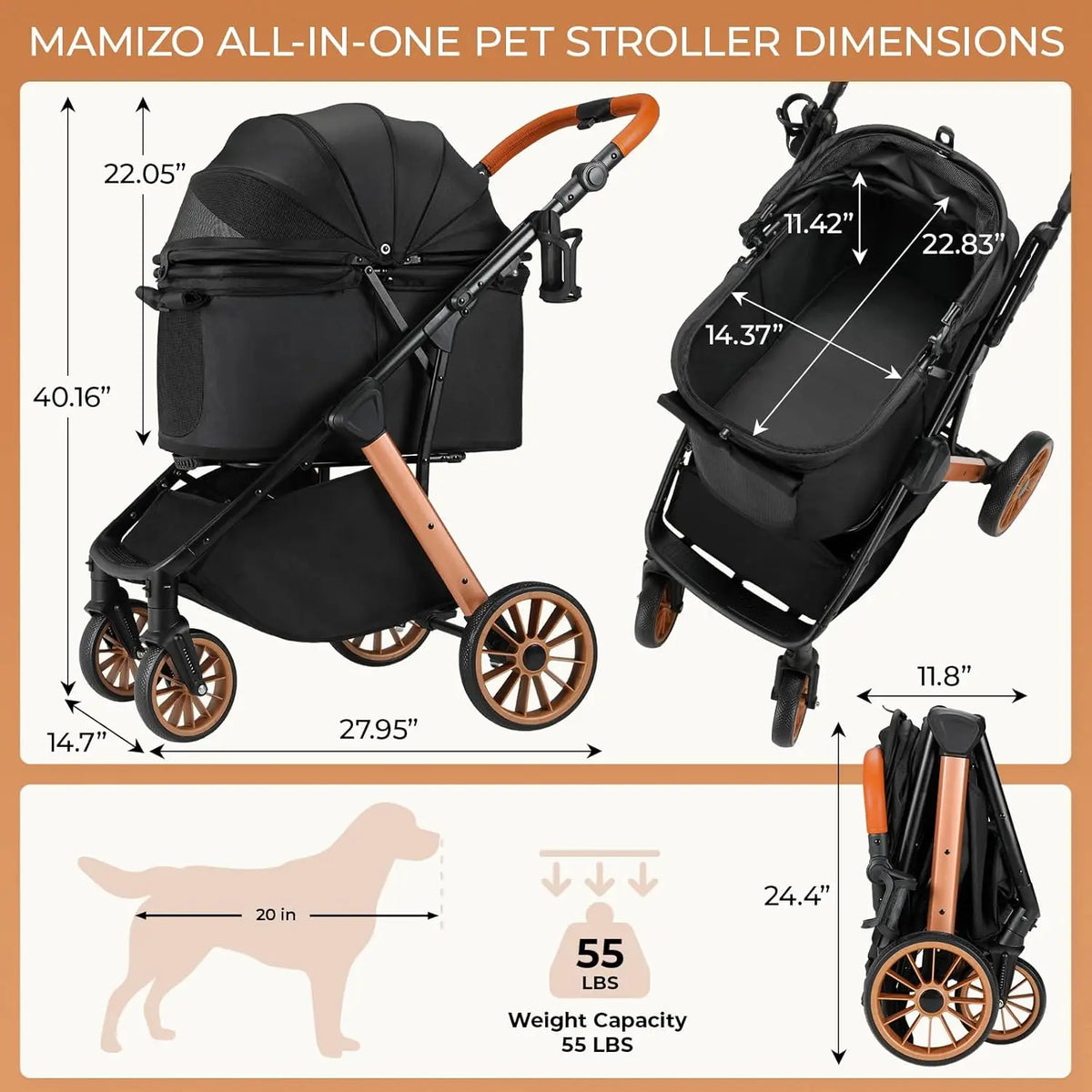 Foldable Pet Stroller With Sun Shade For Medium Dogs
