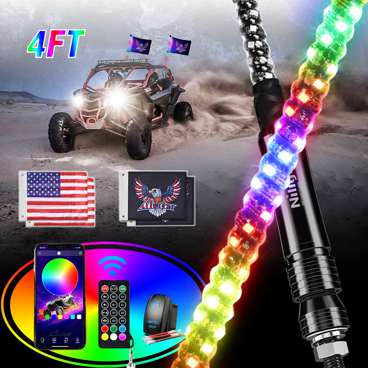Nilight 3-6FT RGB LED Whip Light, Spiral Neon Flagpole Lights With Remote Control Color Changing Lights for ATV UTV Buggy 2PCS