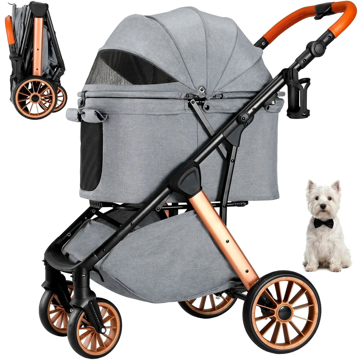 Foldable Pet Stroller With Sun Shade For Medium Dogs