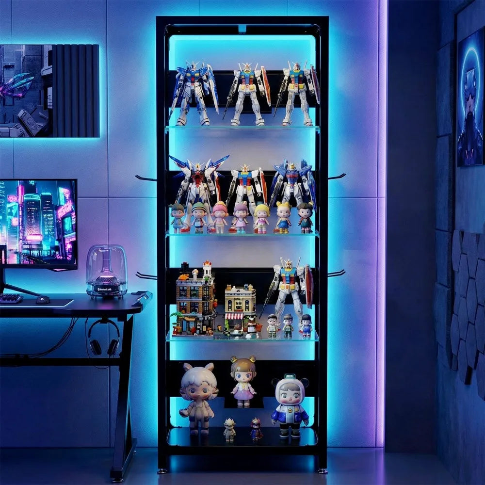 RGB Lighted Glass Display Cabinet With Adjustable Storage Shelves