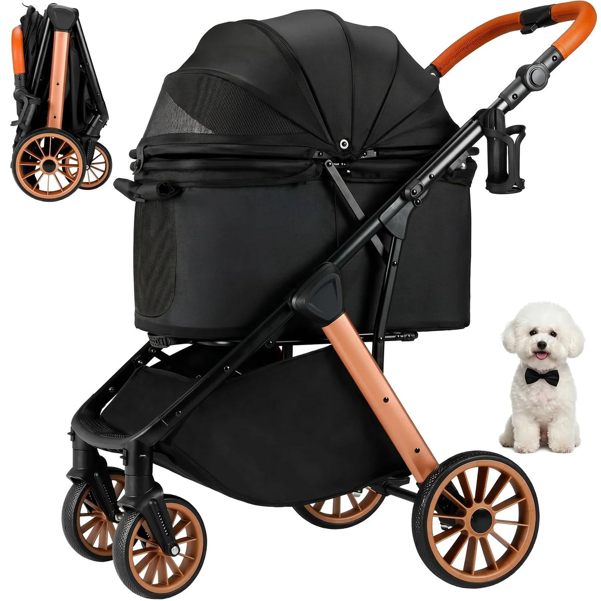 Foldable Pet Stroller With Sun Shade For Medium Dogs