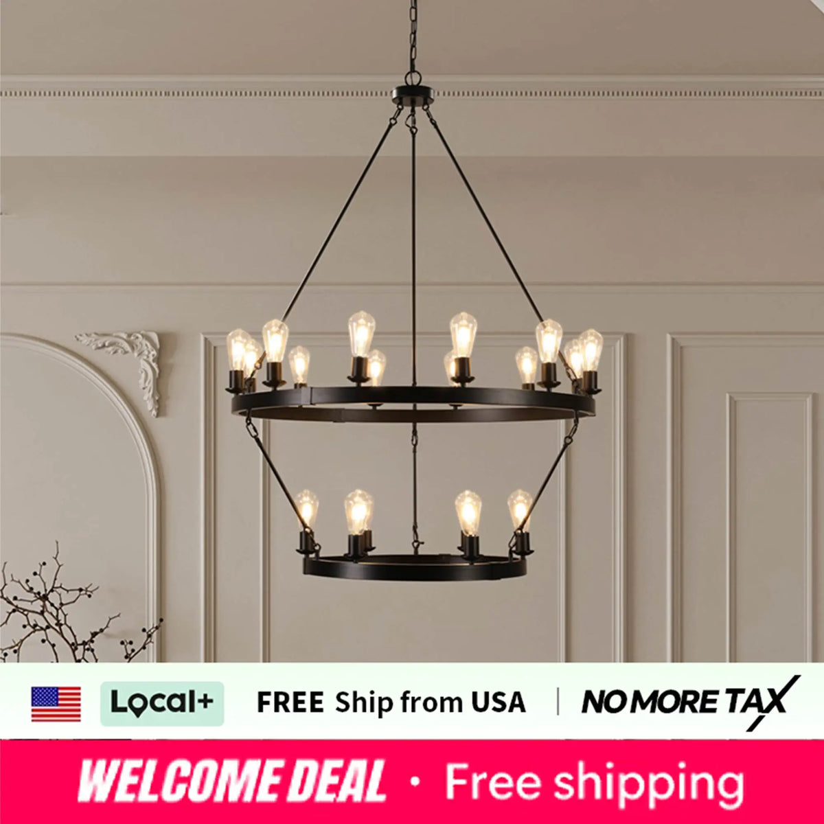 ZHIKEA Retro Two Tier Circular Ironwork Ceiling Chandelier