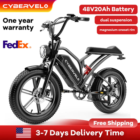 Cybervelo 1000W Adults Electric Dirt Bike 20 Inch Fat Tire All-Terrain E-Bike Max 30MPH 48V 20AH/30AH Large Removable Battery Off Road Ebike EK11