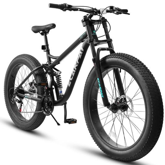 26 Inch Full Suspension Fat Tire Mountain Bike for Men, 21 Speed Smooth Drivetrain System, Front & Rear Dual Disc Brakes, 26*4.0 Inch Anti-Slip Wide Tire, All Terrain Off-Road MTB Bicycle