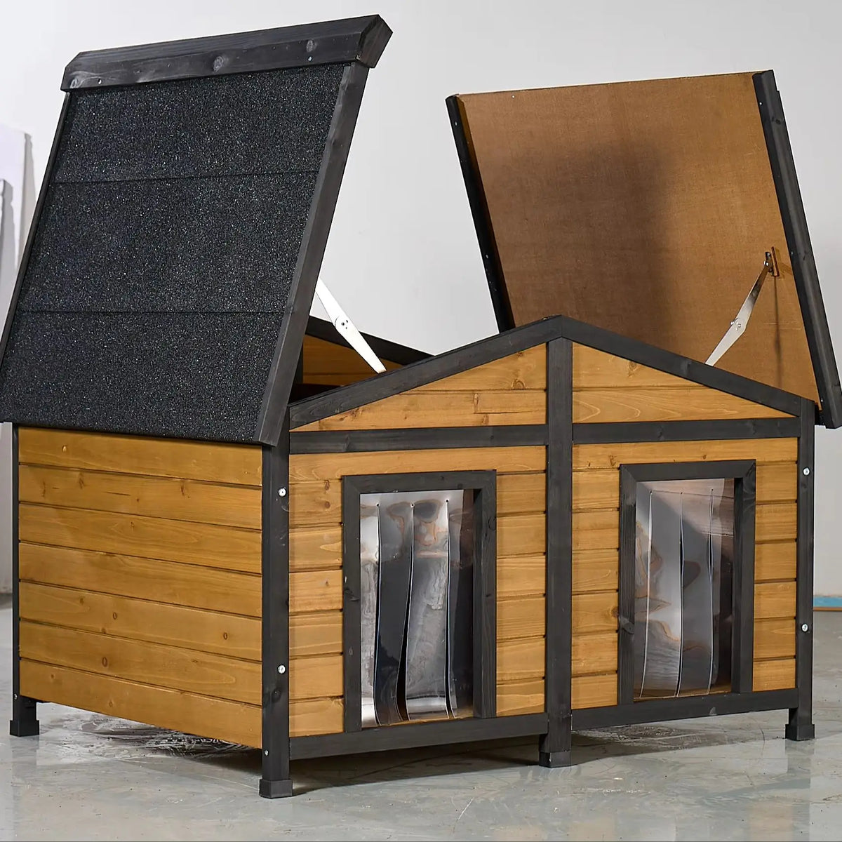 Natural Wood Double Door Dog House Outdoor Waterproof Pet Kennel