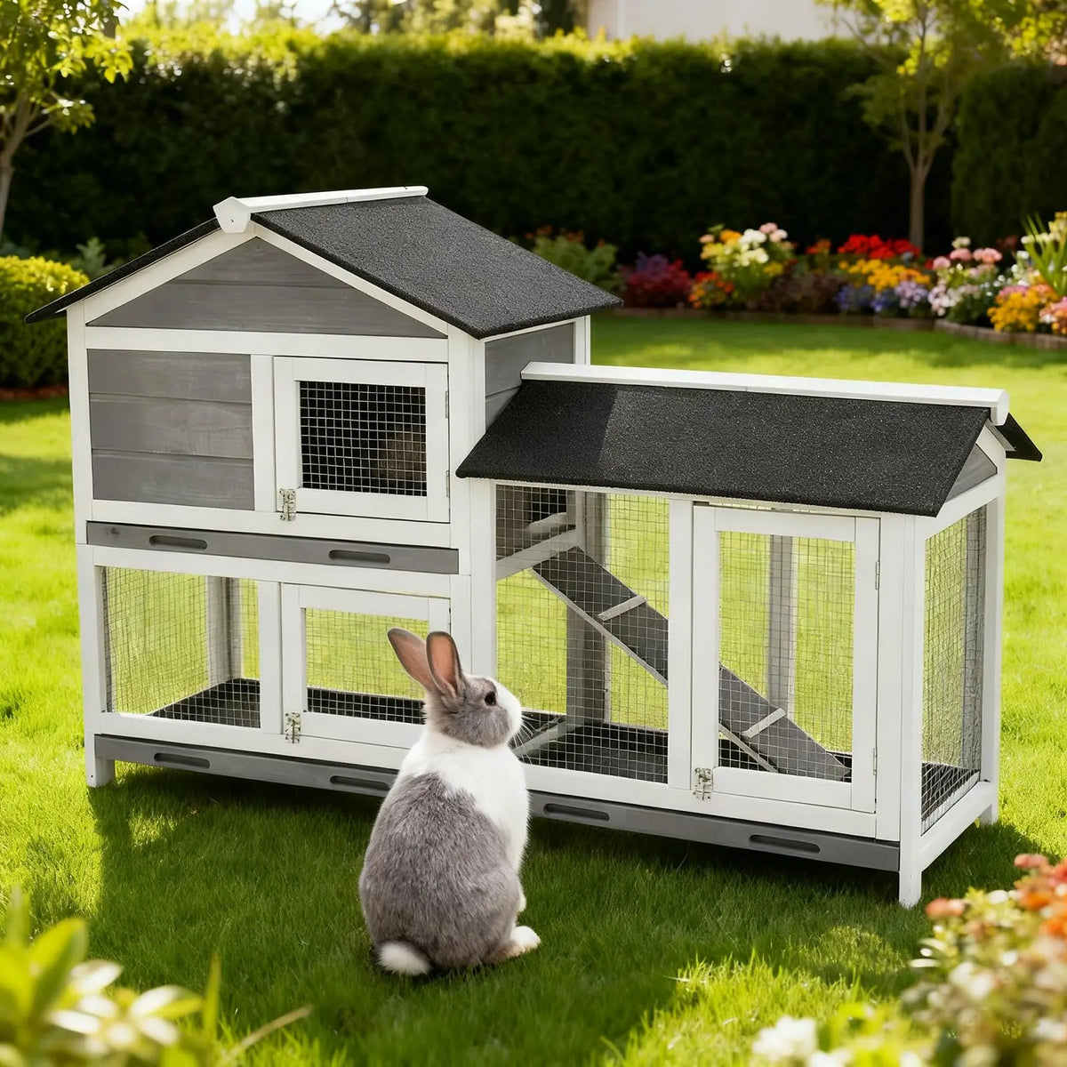 HiMISS Premium Two Tier Wooden Bunny Hutch Rabbit Cage