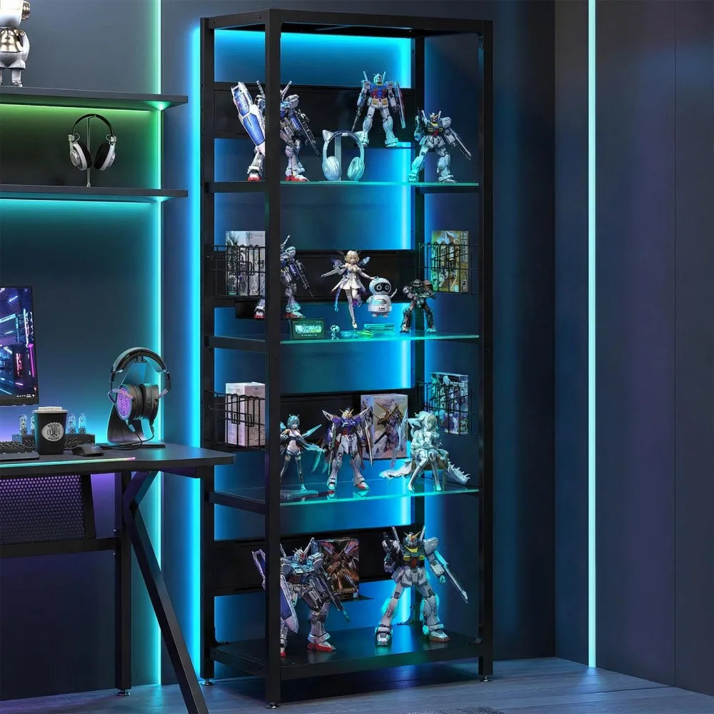 RGB Lighted Glass Display Cabinet With Adjustable Storage Shelves