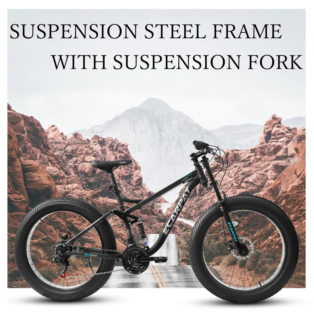 26 Inch Full Suspension Fat Tire Mountain Bike for Men, 21 Speed Smooth Drivetrain System, Front & Rear Dual Disc Brakes, 26*4.0 Inch Anti-Slip Wide Tire, All Terrain Off-Road MTB Bicycle