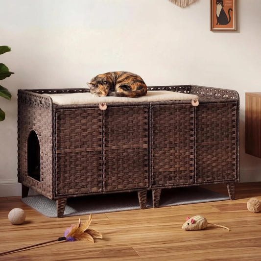 HiMISS Rattan Litter Box Enclosure Hidden Cat Furniture Cabinet