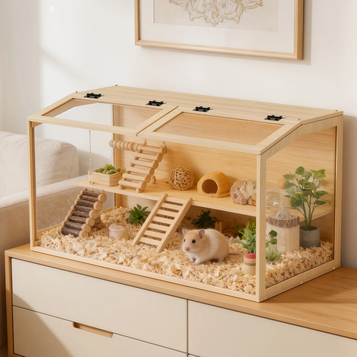 Chewproof Wooden Hamster Cage With Glass Panels And LED Light