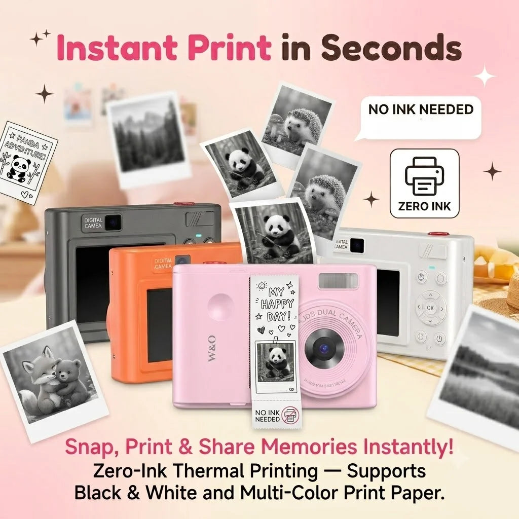 Instant Print Camera, Digital Camera with Mini Photo Printer, Portable Retro Camera for Travel, Party, Supports 2.5K Video and Photos up to 48MP Resolution, with 32GB Memory Card, Drawing Pen, stickers, Lanyard, Birthday Gift