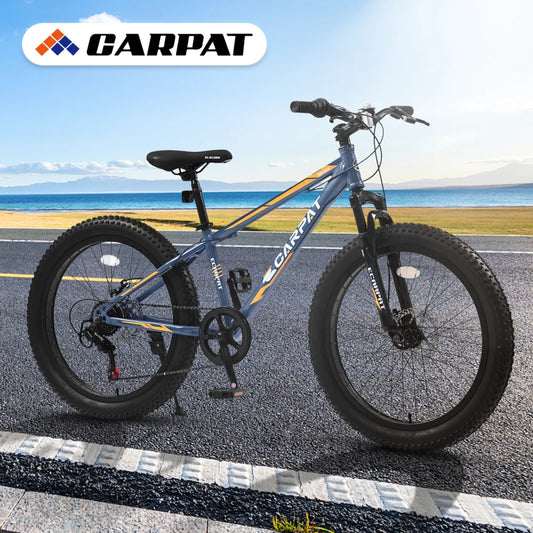 24 Inch Fat Tire Bike Adult/Youth Full 7 Speeds Mountain Bike, Dual Disc Brake, High-Carbon Steel Frame, Front Suspension, Mountain Trail Bike, Urban Commuter City Bicycle
