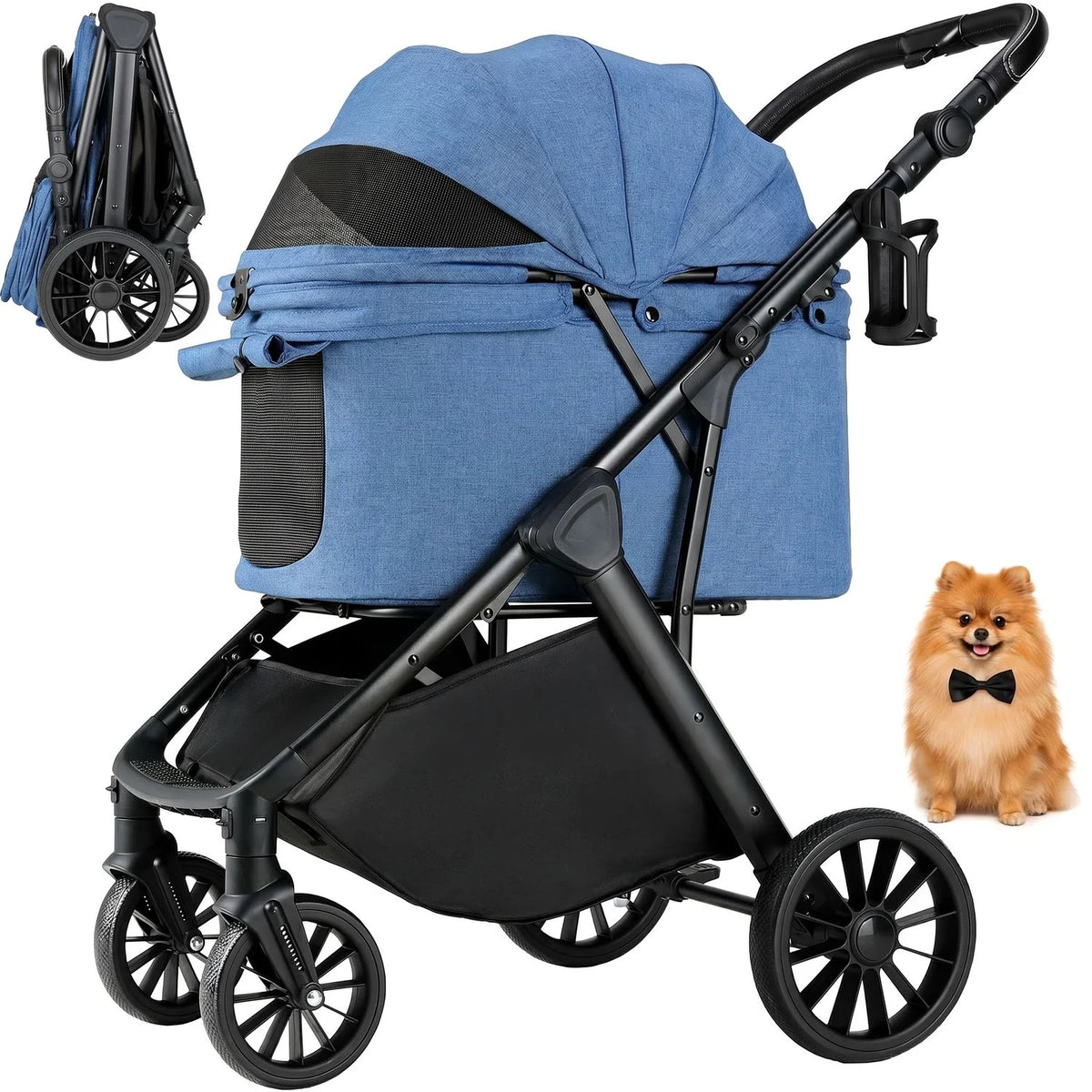 Foldable Pet Stroller With Sun Shade For Medium Dogs