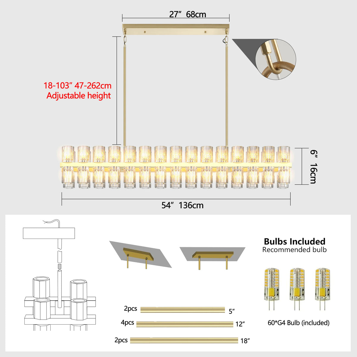 ZHIKEA Modern Crystal Pendant Light For Living Room Bedroom