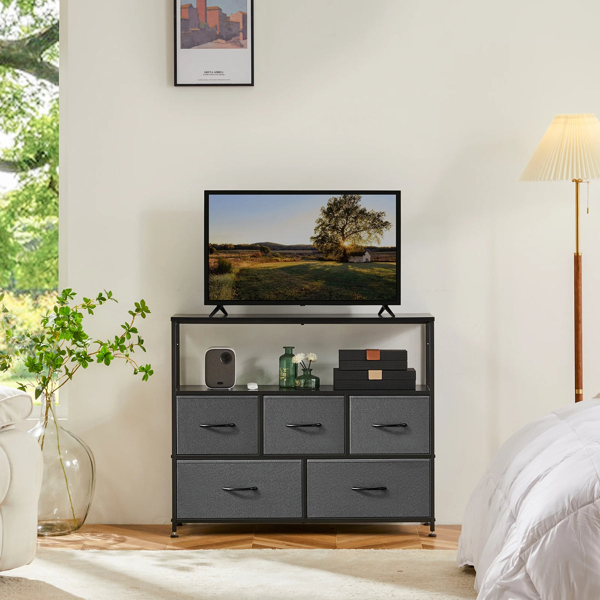 MCQ TV Stand Dresser with 5 Fabric Storage Drawers Media Console Featuring Open Shelf for TV Compact Entertainment Unit for Bedroom Living Space or Dorm Organization