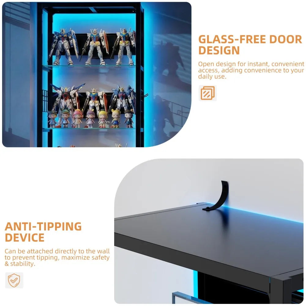 RGB Lighted Glass Display Cabinet With Adjustable Storage Shelves