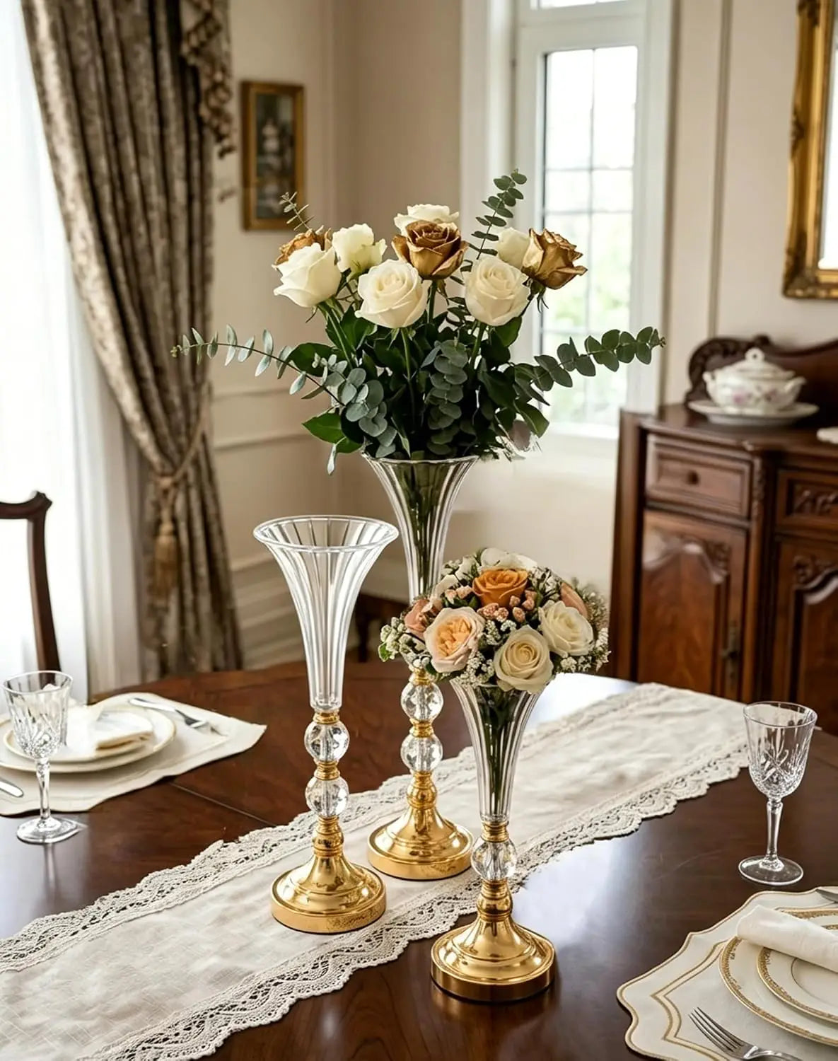VINCIGANT Acrylic Trumpet Vase Set With Metal Base Centerpiece Decor