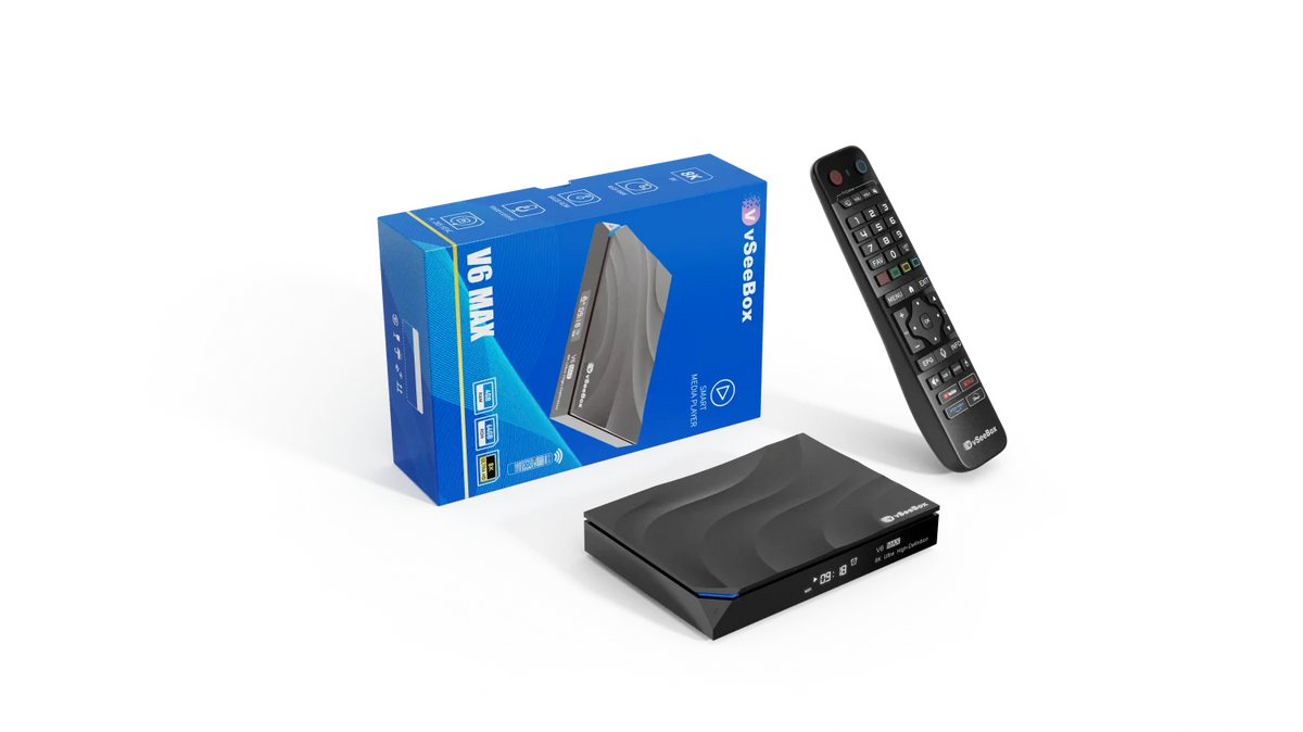 vSeeBox V6 Max 2026 Newest Version, Android 14, 4GB RAM 64GB Storage, Voice Control, WiFi 6, Parental Control, 8K HDMI, Complete Kit with Remote, HDMI Cable, Power Adapter & Setup Guide